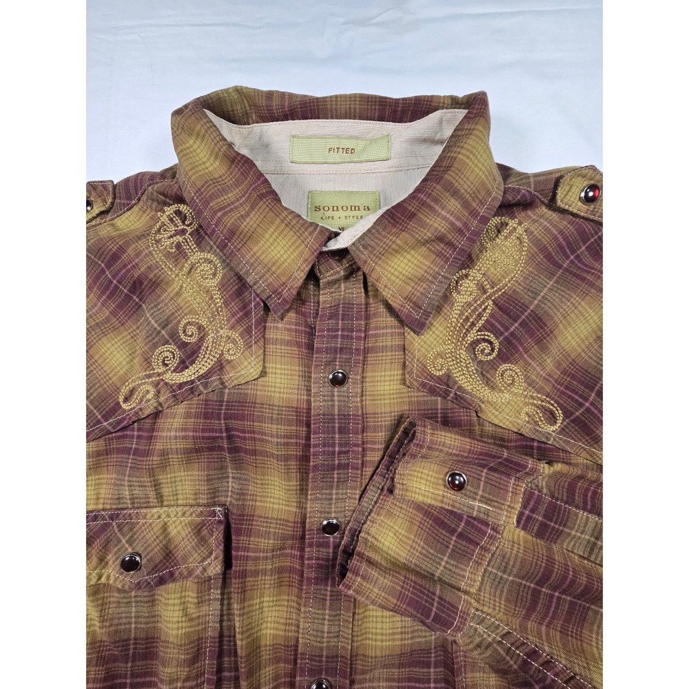 Sonoma Mens‎ XL Fitted Western Plaid Snap Button Shirt Burgundy Tan Embroidered